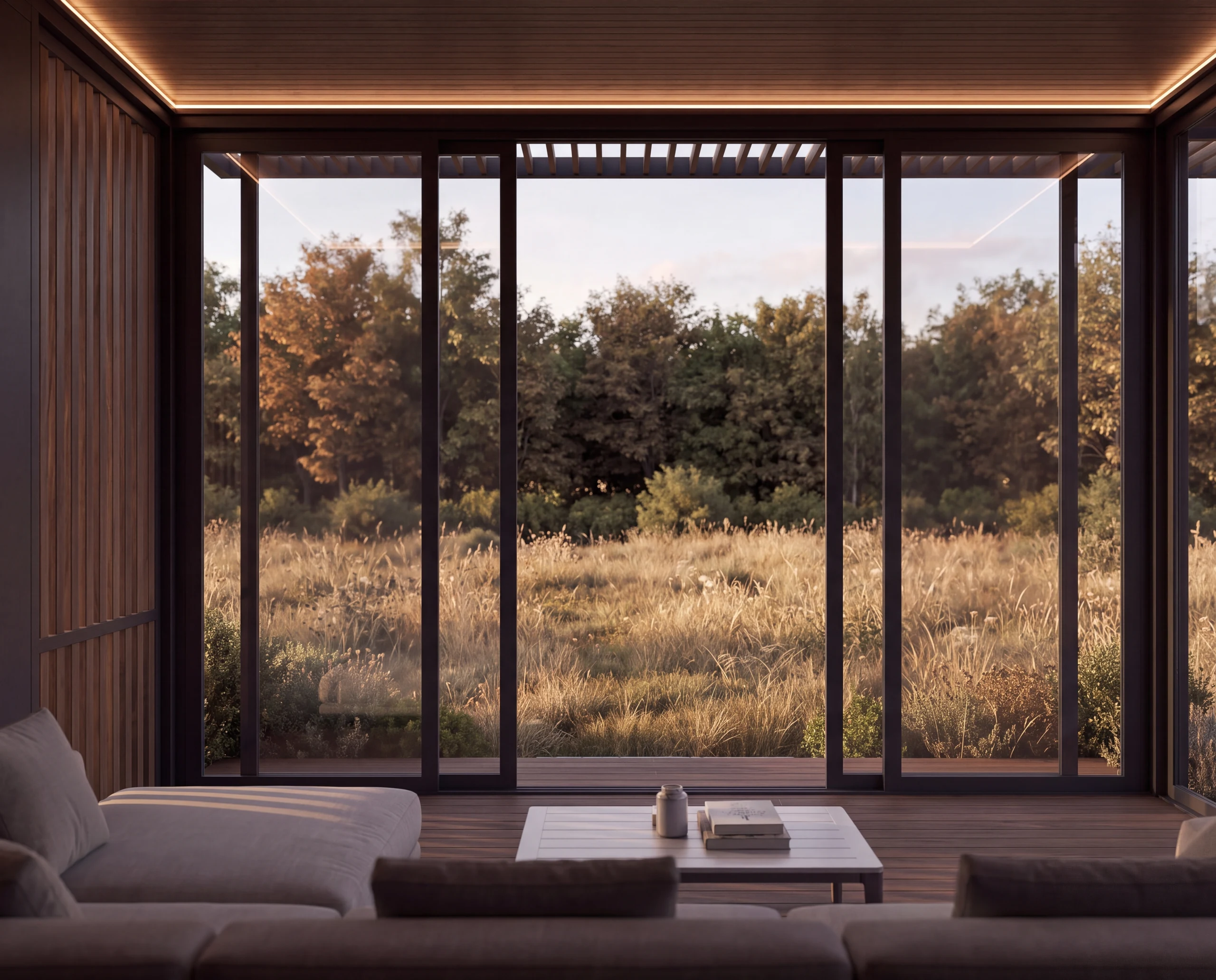 Inside the warmly lit OS1 pavilion, with lounge seating overlooking an autumn garden