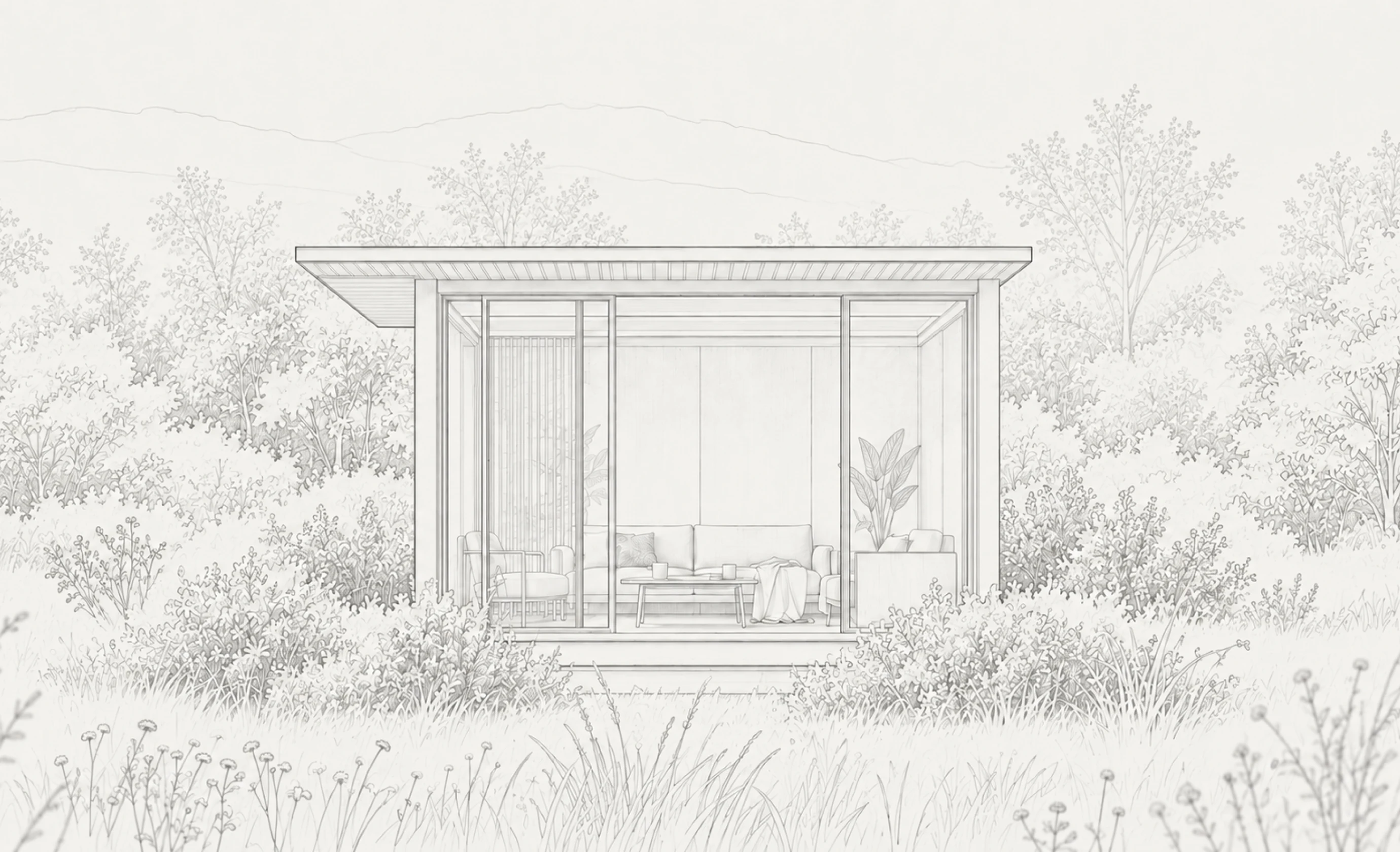 An architectural illustration of the OS1 pavilion in a landscaped garden